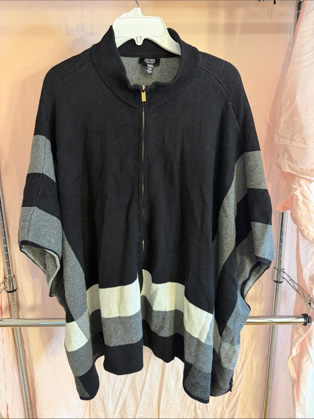 Jones New York Black and Gray Striped Zip-Front Cape